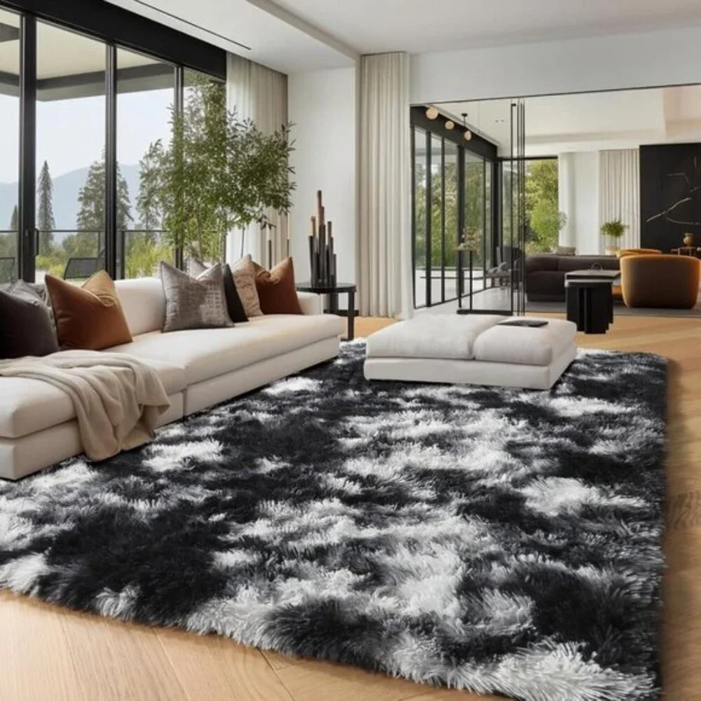 New 5x8 Black White Grey Shag Rug, Fluffy Soft Carpet for Home & Room Decor